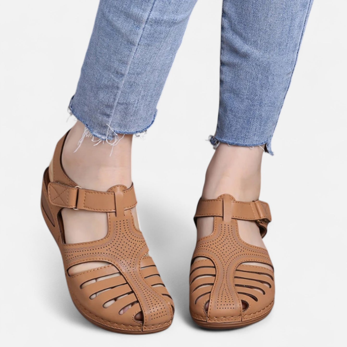 AlignWalk | Women’s Leather Cutout Sandals – Cushioned Wedge, Everyday Breathability